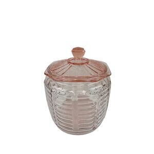 Vintage Pink Depression Cookie Biscuit Jar Glass Floral Ribbed Beehive with Lid